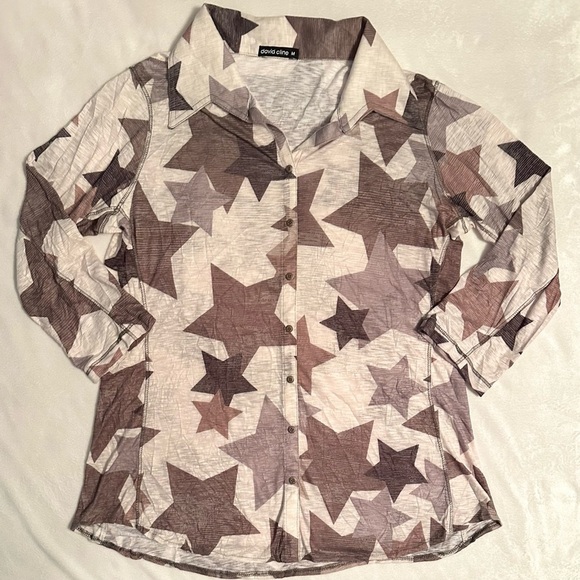 David Cline Sand & Stars Button Up Collar 3/4 Sleeve Top Shirt Blouse M brown - Picture 1 of 8